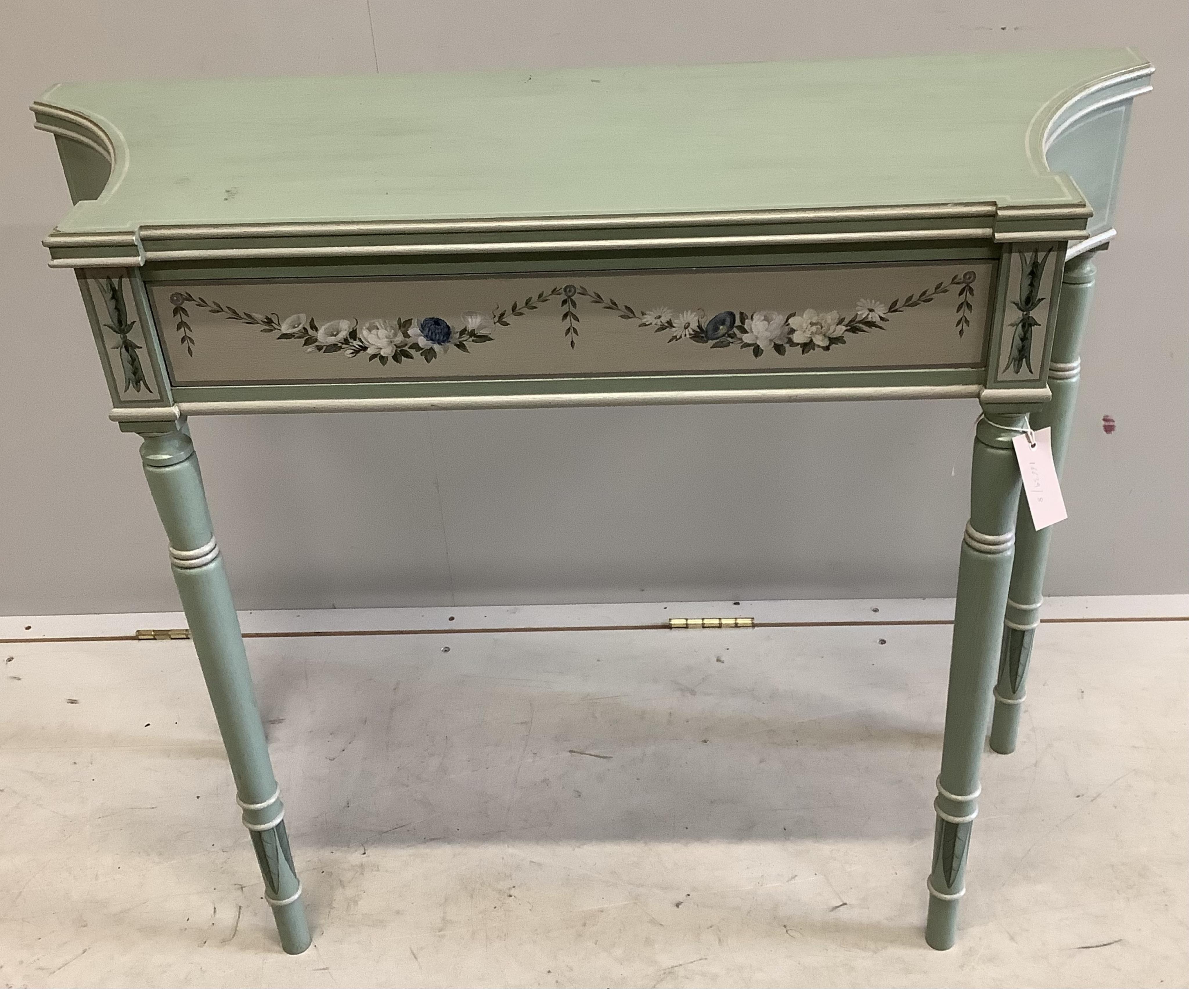 An 18th century style painted console table, width 92cm, depth 32cm, height 77cm. Condition - fair to good